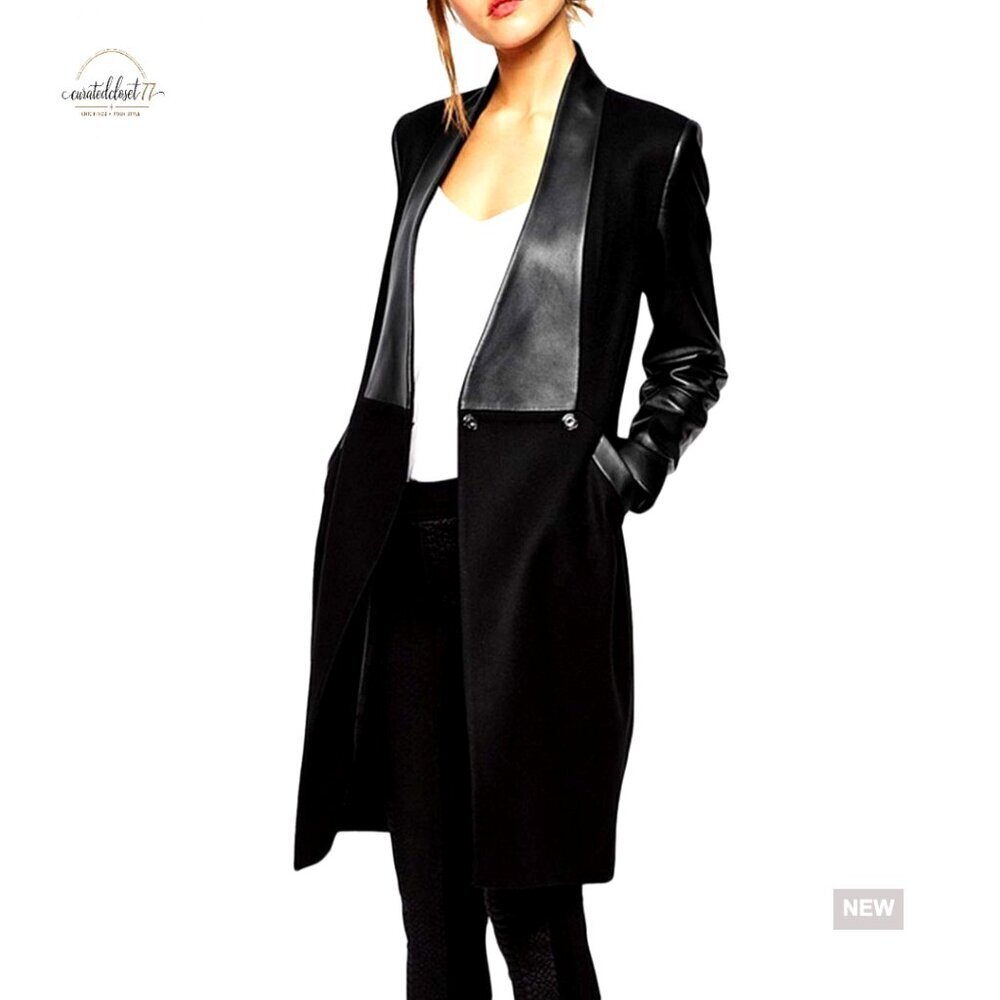 Slim Fit Faux Leather Trench Coat, Double Breasted Wool Blend Jacket